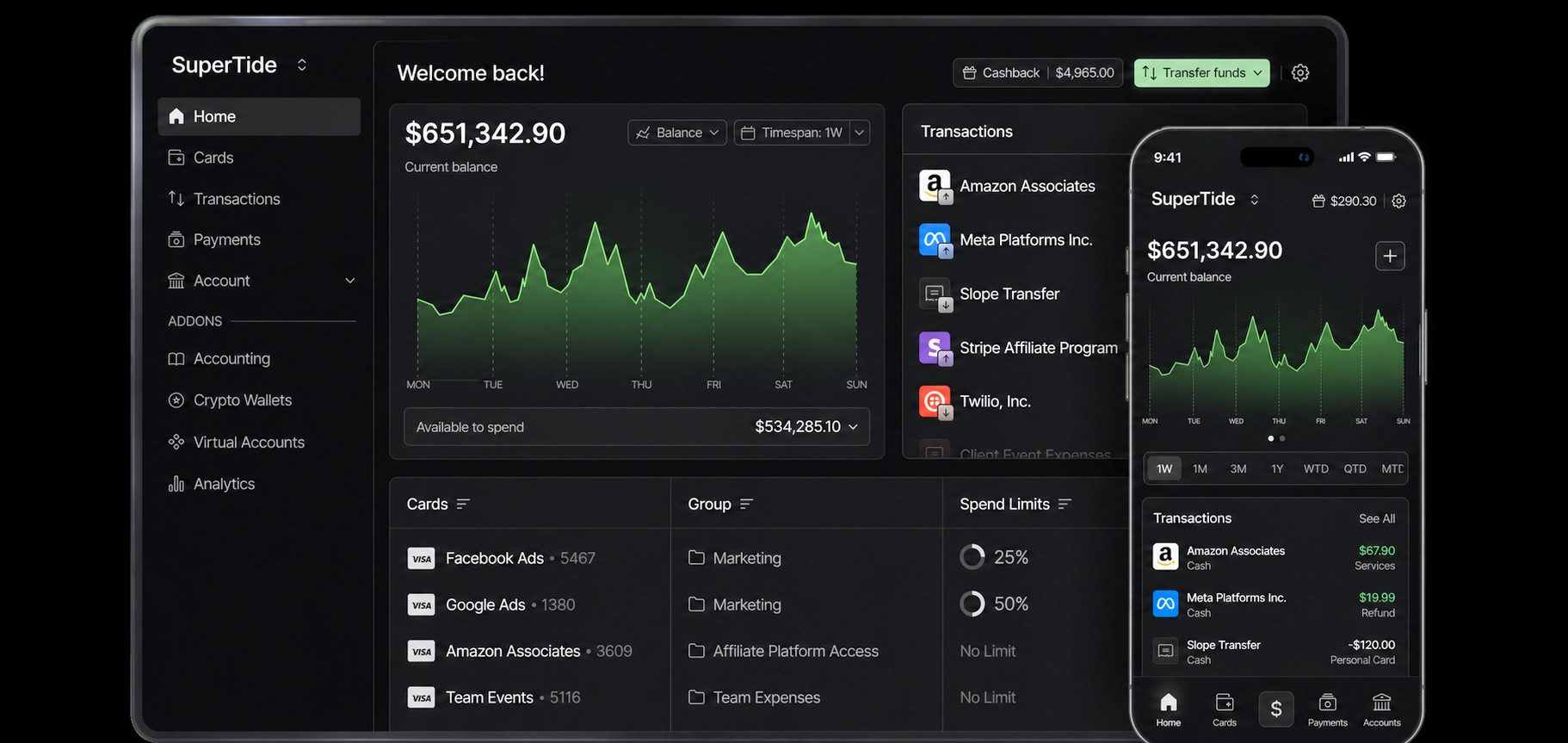 SuperTide app dashboard showing portfolio overview and trading interface